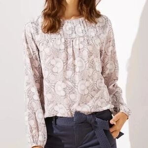 LOFT Floral Semi Sheer Blouse XS Pink Gray Romantic Retro Workwear Top